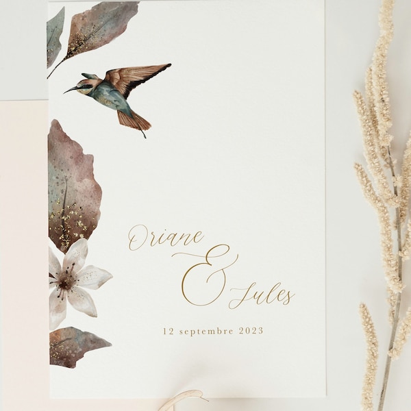 Faire-part mariage A5 - bohème oiseau tropical doré sophistiqué et chic