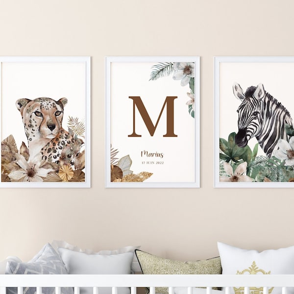 Lot de 3 affiches personnalisées décoration chambre de bébé - initiales et prénom - animaux de la jungle, tropical, savane - safari