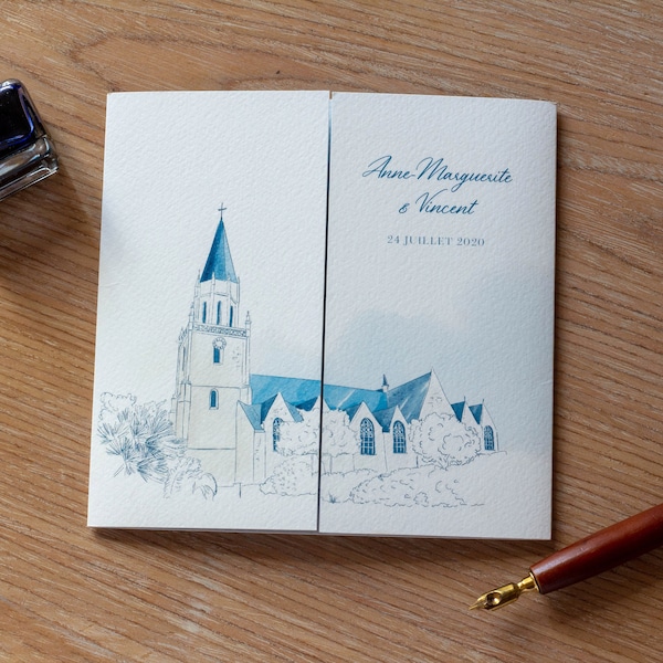 Faire-part mariage sur mesure - illustration personnalisée lieu de réception, église, chateau - formats au choix - avec carton d’invitation