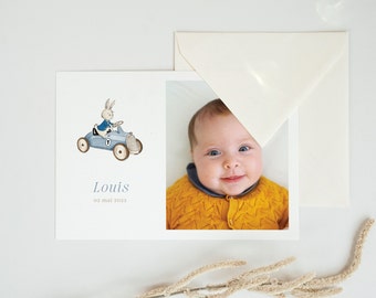 Birth announcement baghera blue car and rabbit 15x10 cm - girl or boy - with envelope