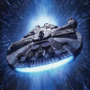 May include: A grey, circular spacecraft with intricate mechanical detailing on its hull, featuring a bright blue glowing engine exhaust at the rear, travelling through space with long, streaking lines of light representing high-speed motion.
