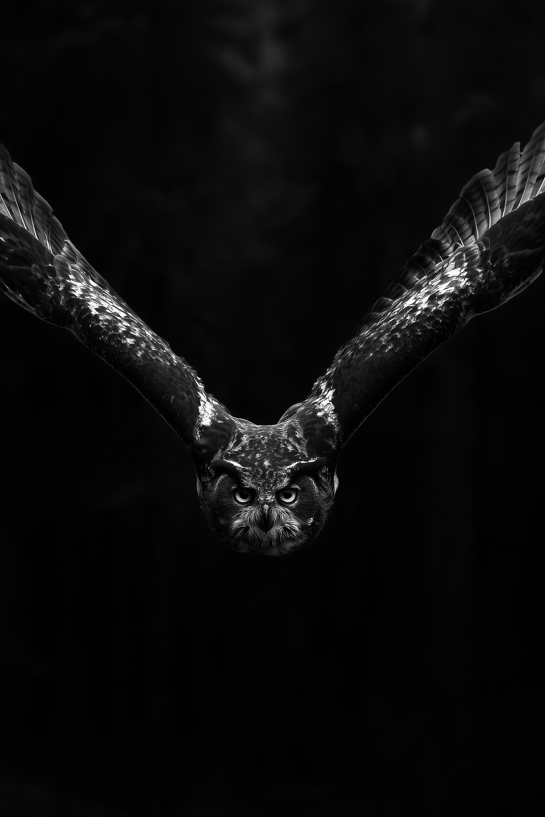Eurasian Eagle Owl Poster, Monochrome Flying Wildlife Wall Art