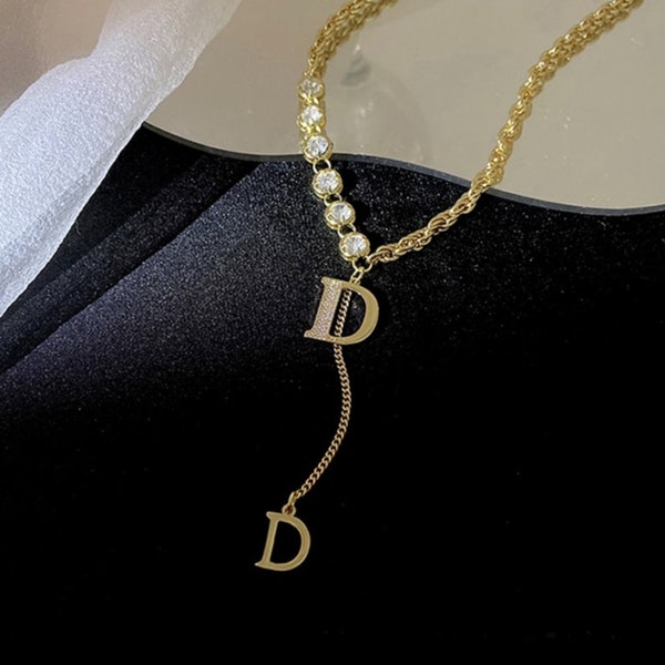 Wedding Necklace | Designer Necklace | Women Letter D Zircon Gold Plated Letter Necklace | Wedding Jewelry | Bridal Shower Gift