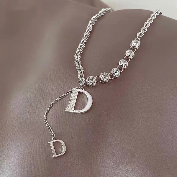 Designer Necklace | Women Letter D Zircon Gold Plated Letter Necklace | Wedding Jewelry | Bridal Shower Gift