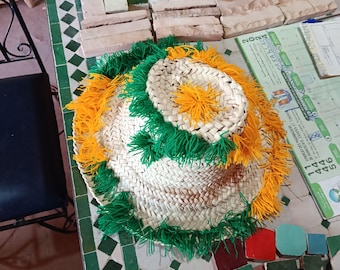 Hand-Woven Moroccan Straw Sun Hat, Colorful Palm Leaf Garden Hat