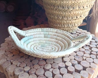 Juego de 3 piezas: cesta de paja tejida a mano con asas / bandeja de servir rústica estilo bohemio, cuenco tejido artesanal.