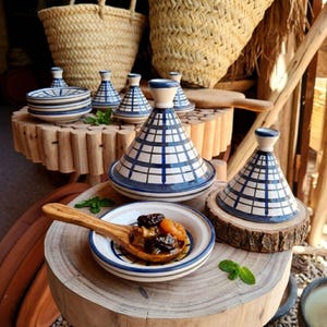 Handmade Blue White Ceramic Moroccan Tajine – Authentic Clay Cooking Pot, Boho Kitchen Decor