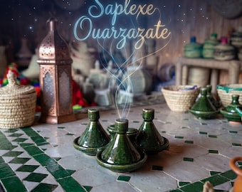 Juego de condimentos de cerámica verde esmeralda marroquí / Plato doble para tajine de una pieza