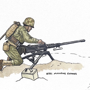 May include: A black and white illustration of a soldier kneeling and operating a machine gun. The soldier is wearing a helmet and a backpack. The machine gun is mounted on a tripod. The text "0331 MACHINE GUNNER" is written below the image.
