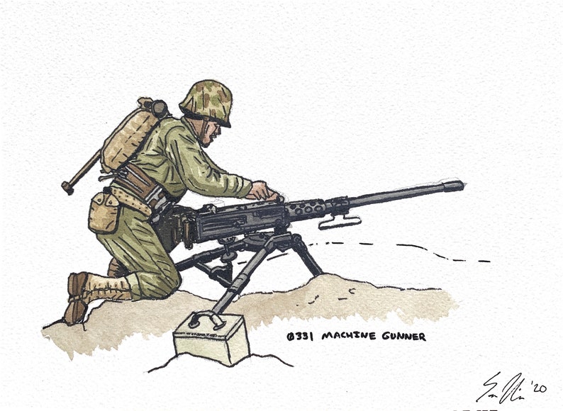 0331 Machine Gunner Watercolor Illustration WW2 US Marine Corps
