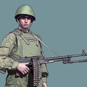 May include: A soldier in a green camouflage uniform and helmet holds a large machine gun with a long barrel and a belt of ammunition. The soldier is wearing a green vest with a patch that says "ARMY".