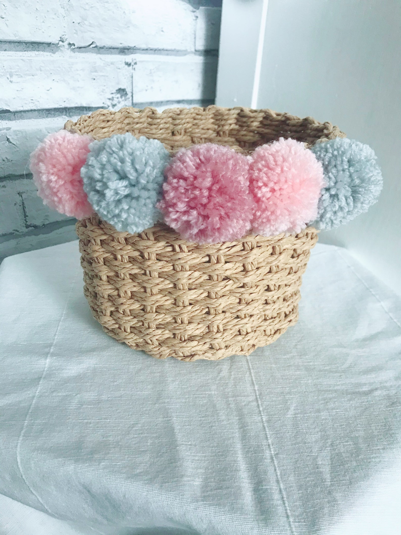 Large fluffy pink and grey Pom Pom woven storage basket / Etsy