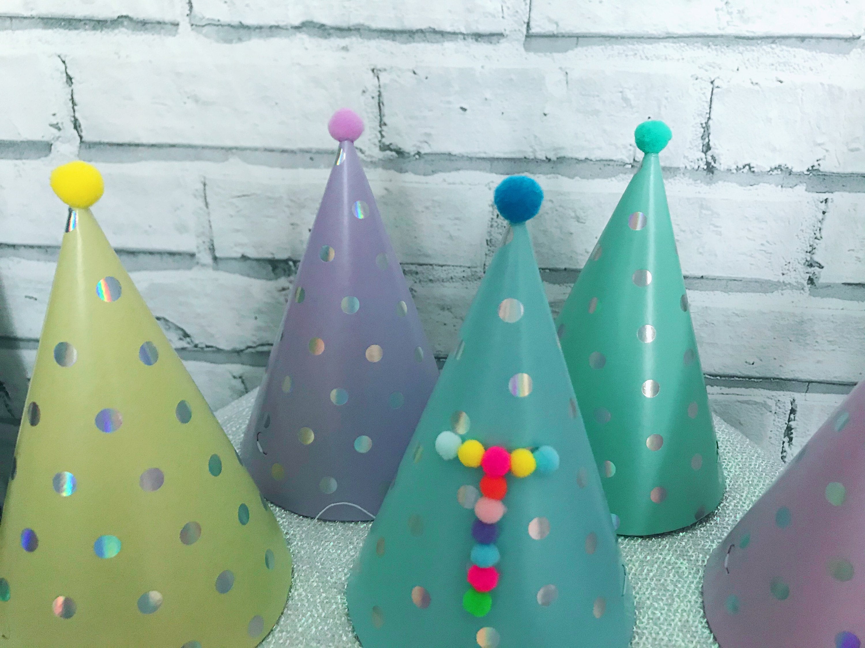 Personalised Pom Pom party hats. Birthday party cone hats Etsy
