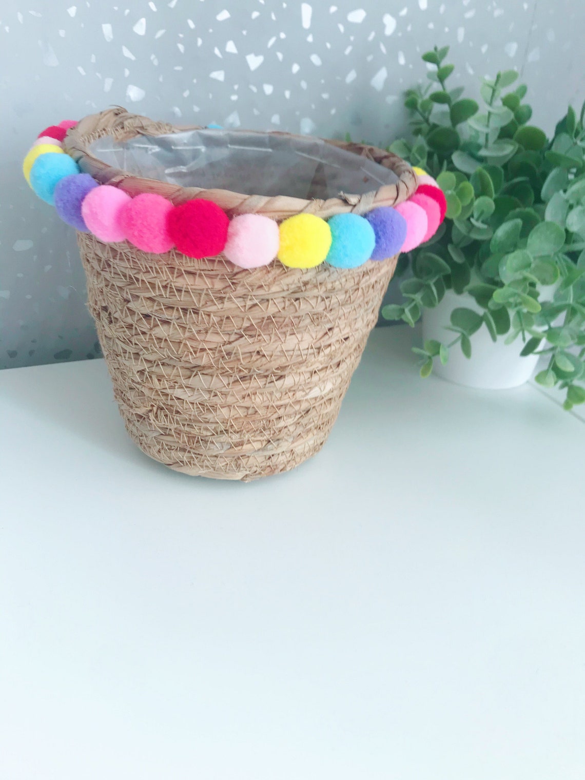 Lovely rainbow bright Pom Pom storage wicker baskets gift Etsy