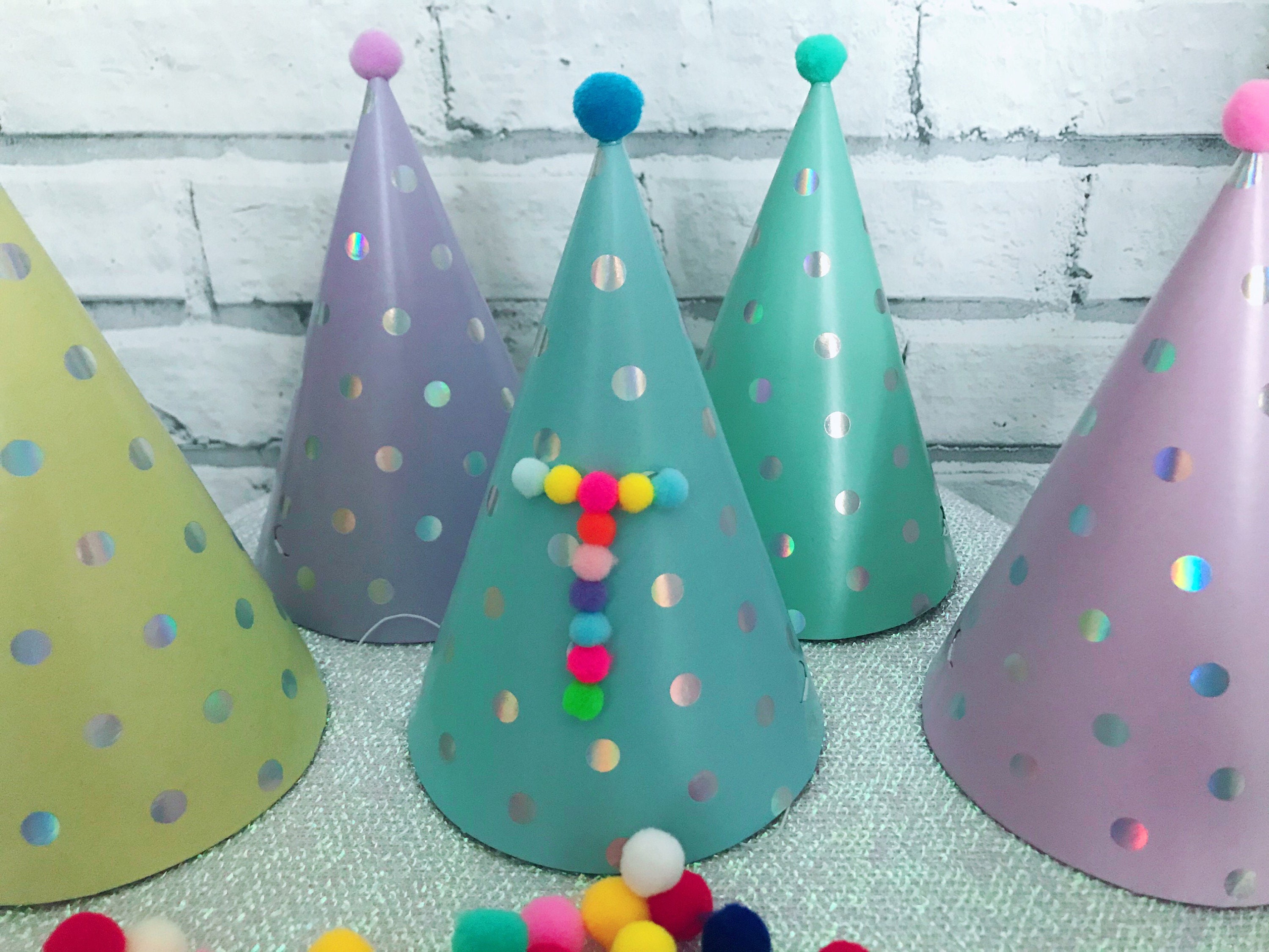 Personalised Pom Pom party hats. Birthday party cone hats Etsy