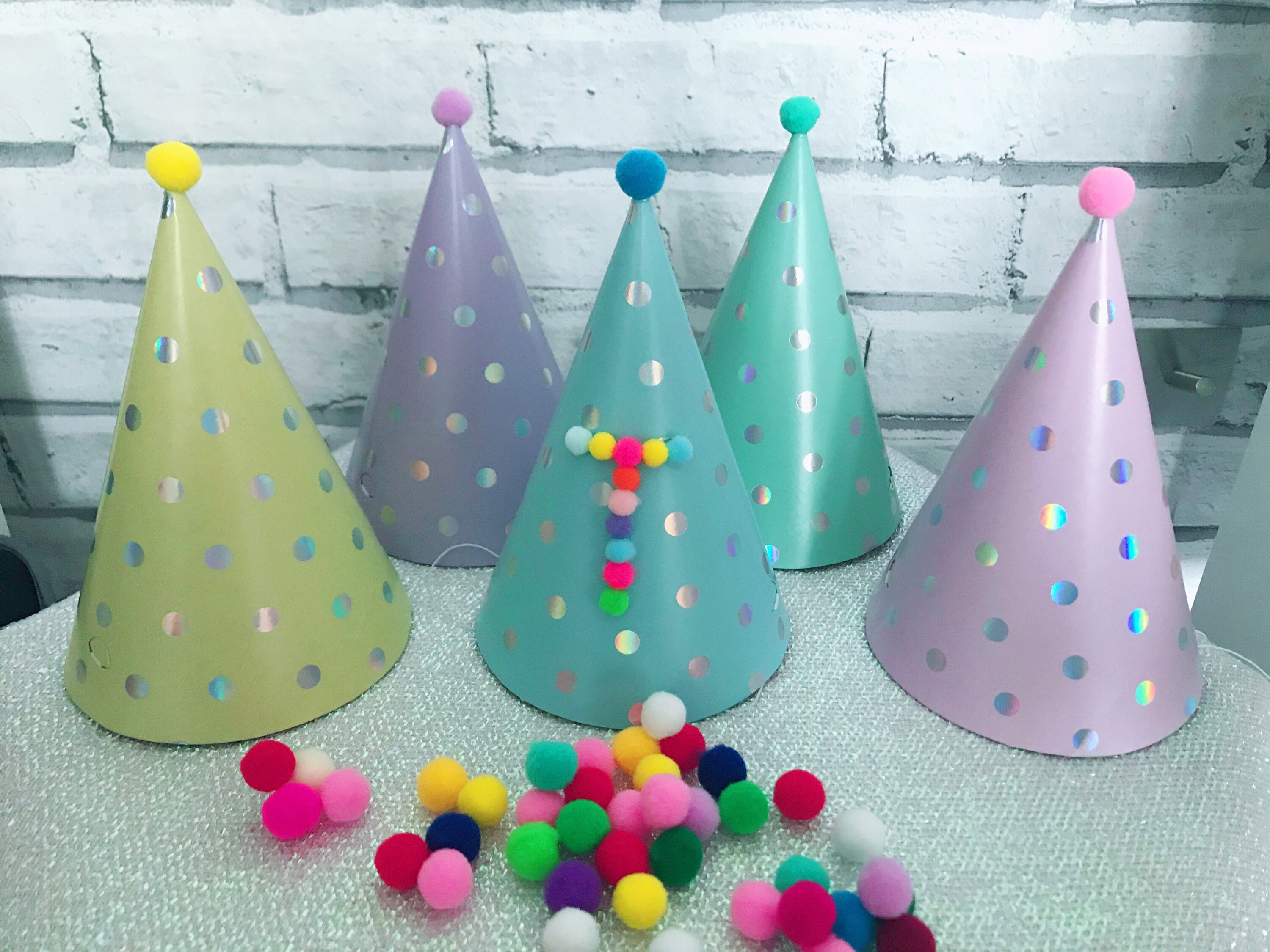 Personalised Pom Pom party hats. Birthday party cone hats Etsy
