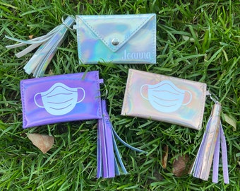Personalized Holographic Mask Pouches Case for your mask. Carrying case for your mask. Purple, silver and pink Mask pouches