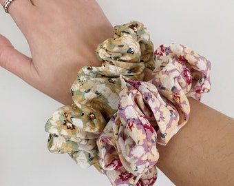 Scrunchie Set | Green and Pink Floral Patterns | Hair Accessories