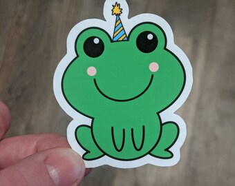 Frog in a Party Hat Die Cut Sticker | Cute Frog Sticker | Water-resistant Vinyl Stickers for Water Bottle | Cute Decal for Laptop