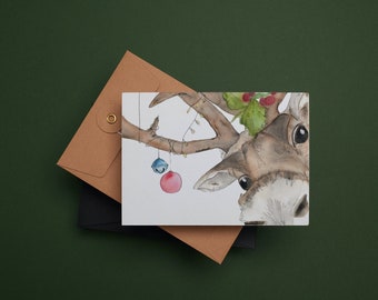 Reindeer  Christmas Card - Christmas Greeting Card - Cute Seasonal Card - by Anjarichardsartuk