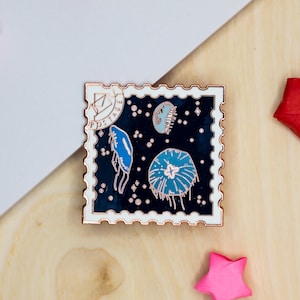 Jellyfish Stamp Enamel Pin - Copper Plated Ocean Creature Badge - By Anjarichardsartuk