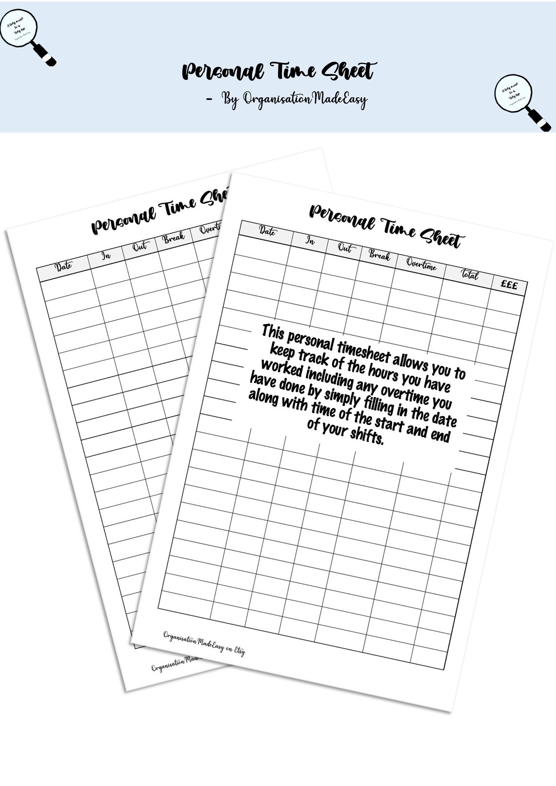 Personal timesheet shift tracker printable digital etsy