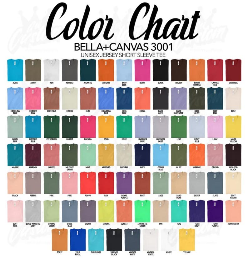 May include: Color chart of BELLA+CANVAS 3001 unisex jersey short sleeve tees. The chart displays a wide array of colors, including aqua, black, navy, and yellow. The text "Color Chart" is at the top of the image.