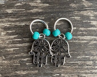 Small Silver Hamsa Hand Earring with Turquoise Beads