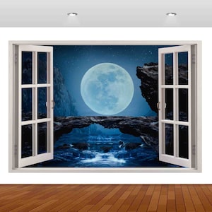 Nature Waterfall Fantasy Moon Lake Night Mountain 3D Vinyl Sticker Poster Decal Mural Removable S202