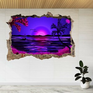Natural Sunset Sea Tropical Beach 3d Smashed View Wall Sticker Poster Decal A264