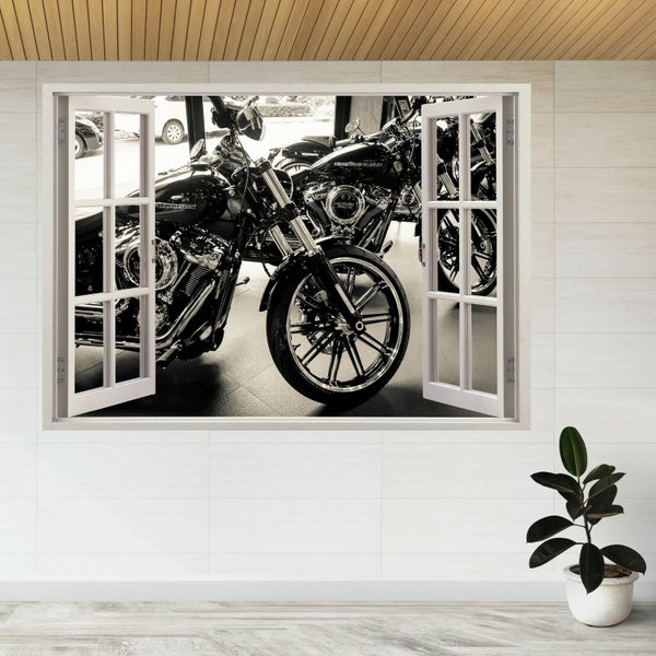 Motorcycle Bike Showroom Harley 3d Window View Wall Sticker Poster Calcomanía A164