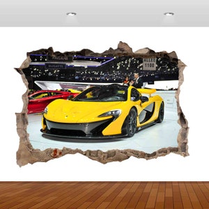 Super Sports Car Racing Yellow  3D  Vinyl Poster Decal Removable Adhesive Bedroom s4 Art Kids Mural
