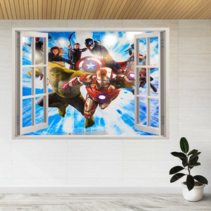 Iron Man, Thor, Hulk, Hawkeye, etc. 3d Window View Wall Sticker Poster Calcomanía A947