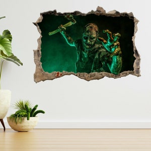 Scary Zombie With Axe Halloween 3d Smashed View Wall Sticker Poster Decal A270