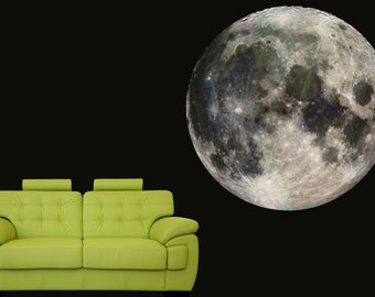 May include: A green leather sofa with two headrests against a black background with a large, detailed image of the moon.