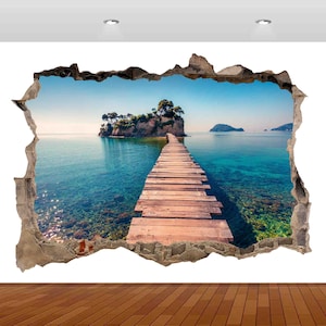 Nature Beautiful Lake Bridge Mountain Island Greece 3D  Vinyl Sticker Poster Decal Mural Removable s167