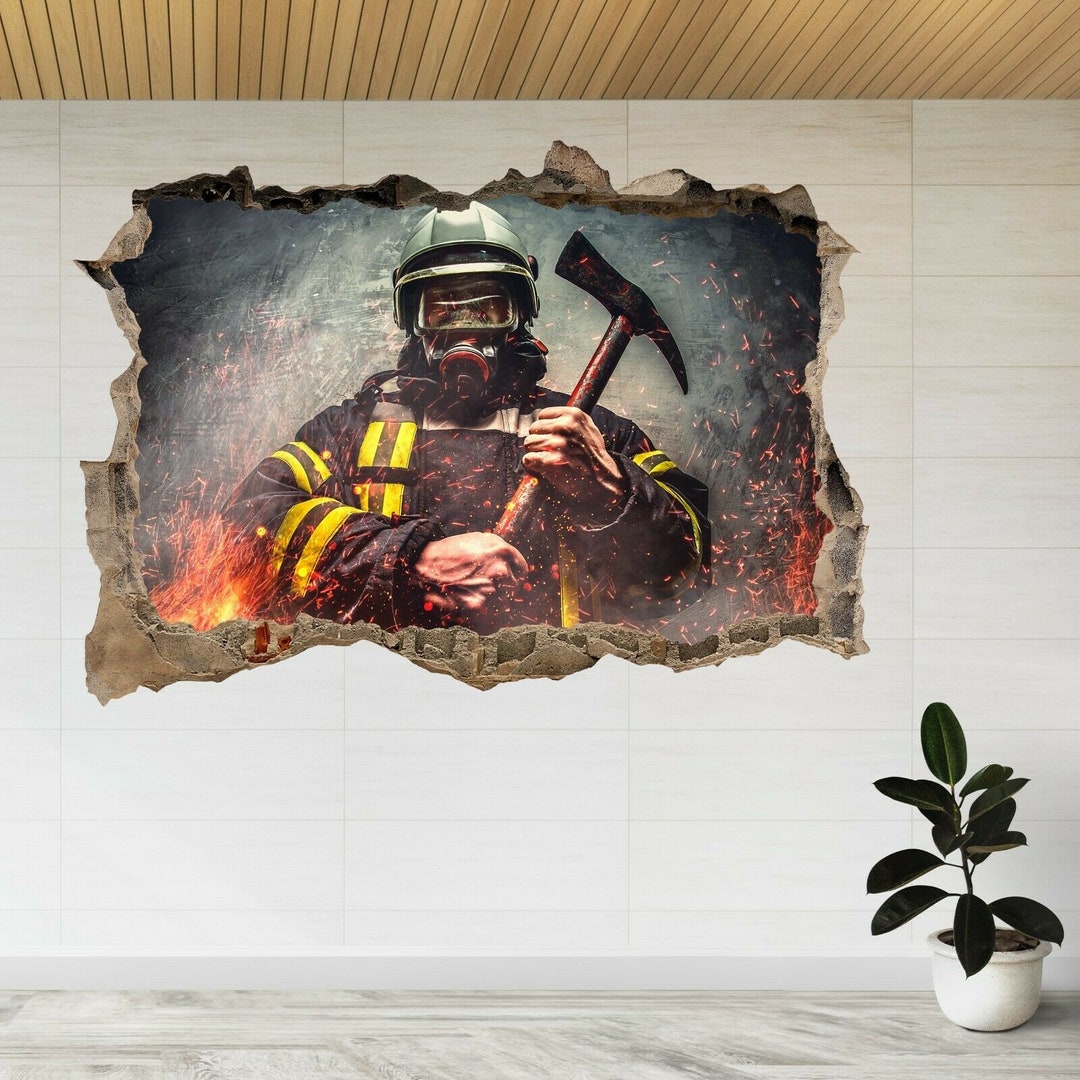 Firefighter Man in Fire Holds Axe 3d Smashed View Wall Sticker Poster ...