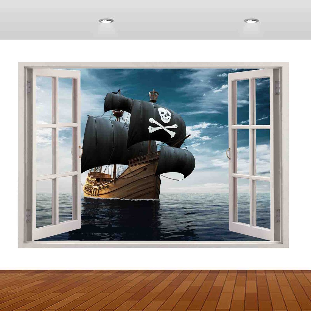 Pirates Ship Boat Ocean Blue Skull Kids 3D Vinyl Sticker Poster Decal ...