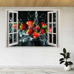 Strawberries Water Splash Kitchen 3d Window View Wall Sticker Poster Decal A308