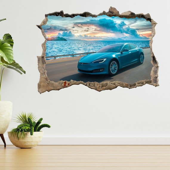 Tesla Auto Vorn auf einem Strand 3d Smashed View Wandtattoo Poster