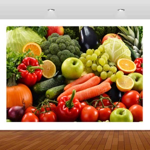 May include: A colorful still life featuring a variety of fresh produce, including red bell peppers, green broccoli, carrots, tomatoes, oranges, and green apples.