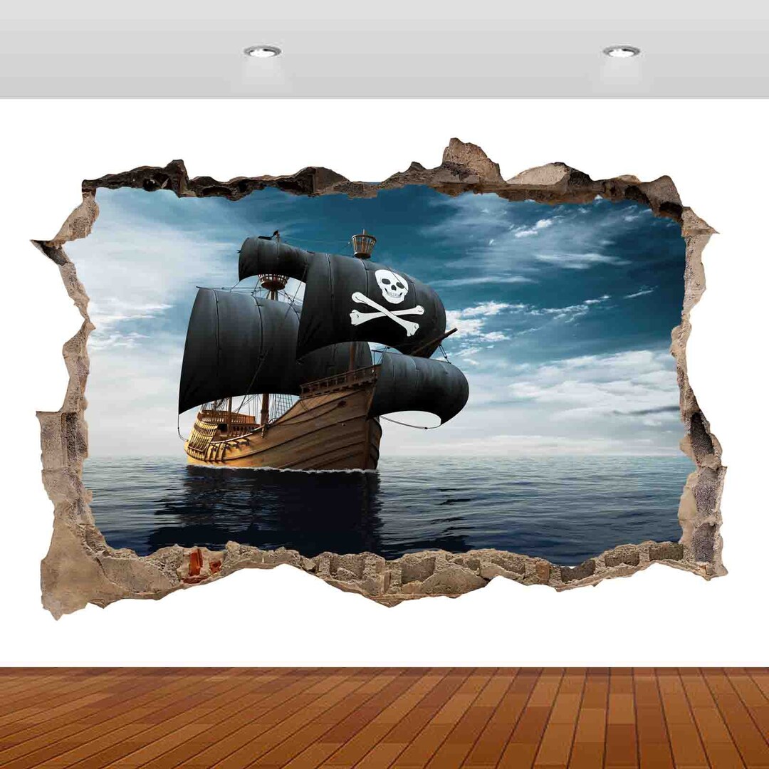 Pirates Ship Boat Ocean Blue Skull Kids 3D Vinyl Sticker Poster Decal ...