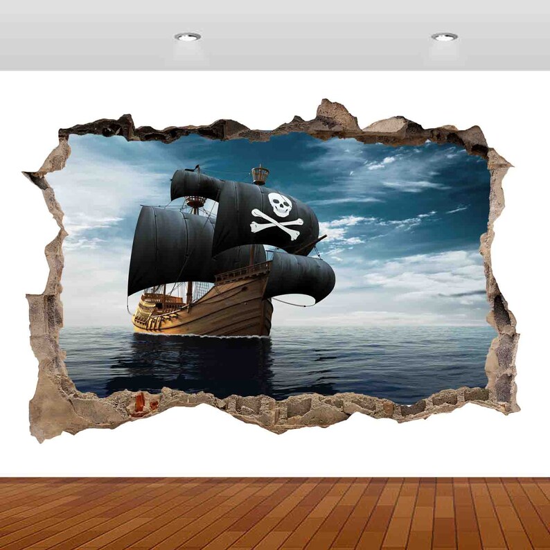 Pirates Ship Boat Ocean Blue Skull Kids 3D Vinyl Sticker Poster Decal ...