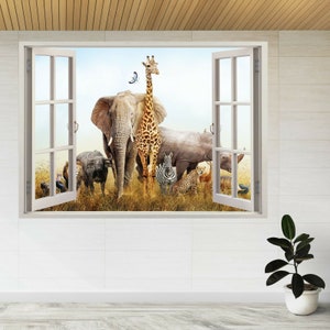African Safari Animal Jungle Nature 3d Window View Wall Sticker Poster Decal A20