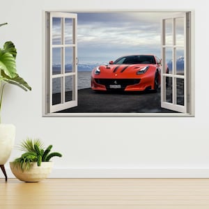 Supercar Sports Car Ferrari Rosso 3d Window View Wall Sticker Poster Decal A542