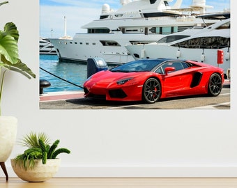Lamborghini Parked Along Yachts 3d View Wall Sticker Poster Decal A703