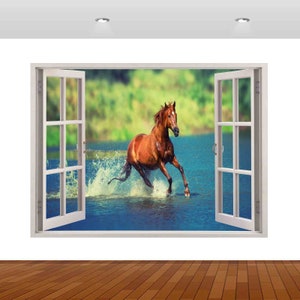 Beautiful Brown Horse Running Water  3D  Vinyl Poster Decal Removable Adhesive Bedroom z399