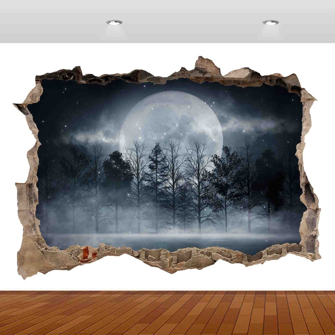 Nature Dark Forest Moon Night Smoke 3D Vinyl Sticker Poster Decal Mural ...