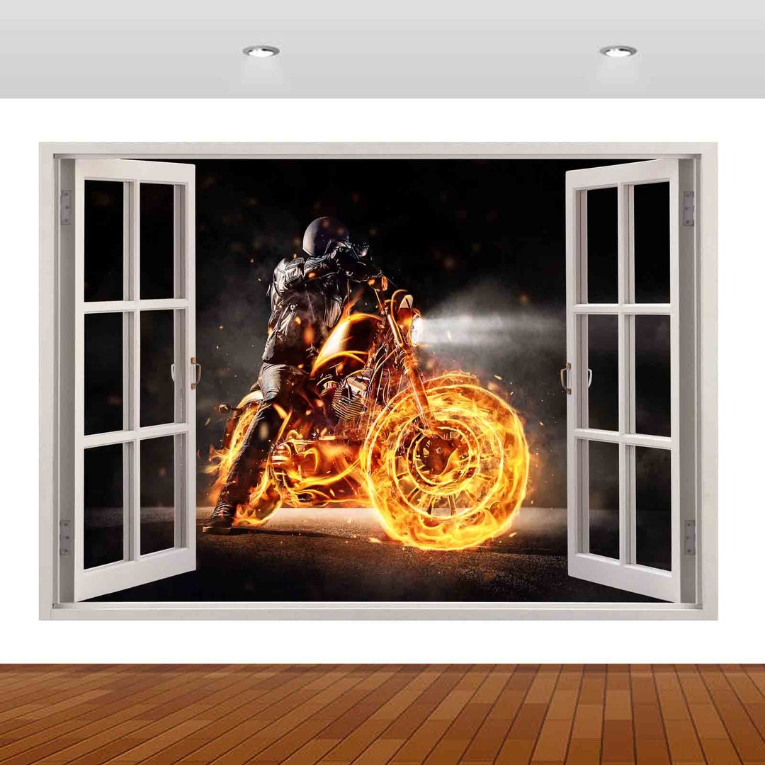 Hell Riders Biker Flame Motorbike Racing 3D Vinyl Sticker Poster Decal ...