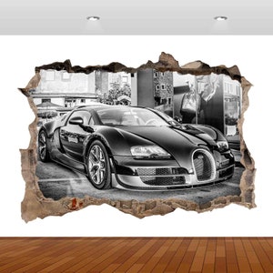 Super Sports Car Racing Black White 3D  Vinyl Poster Decal Removable Adhesive Bedroom s12 Art Kids Mural